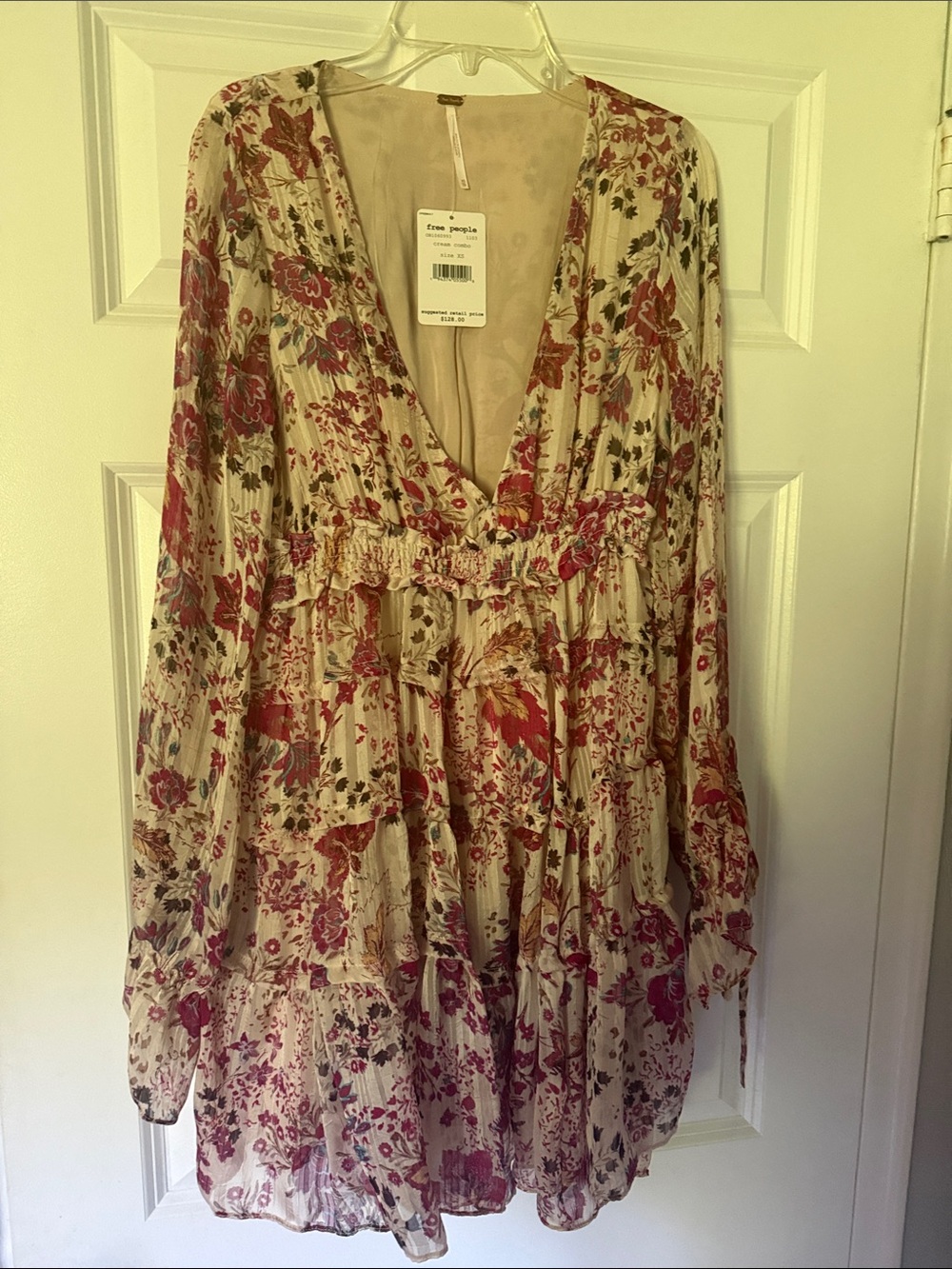 Free People Floral Tiered V-Neck Mini Dress - Cream & Red Floral